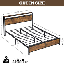 Load image into Gallery viewer, iRerts Queen Bed Frame with LED Lights and 2 USB Ports, Industrial Metal Queen Platform Bed Frame with Storage Shelf Headboard, No Box Spring Needed, Queen Size Bed Frames for Bedroom, Rustic Brown
