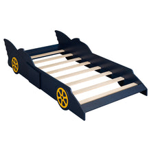 Load image into Gallery viewer, iRerts Race Car Shaped Twin Bed Frame, Wood Twin Platform Bed Frame for Kids Toddlers, Children Twin Size Platform Bed with Wheels, Wooden Slats, No Box Spring Needed, Blue/Yellow