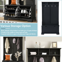 Load image into Gallery viewer, iRerts Hall Tree with Shoe Storage Bench, Wood 3-in-1 Entryway Coat Rack with 4 Hooks, 3 Top Shelves and 2 Flip Shoe Drawers, Entryway Bench with Coat Rack for Entryway Hallway Living Room, Black