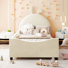 Load image into Gallery viewer, iRerts Upholstered Twin Daybed Frame for Kids, Velvet Twin Platform Bed Frame with Rabbit Ear Shaped Headboard and Footboard, Wood Twin Size Sofa Bed for Girls Boys, Beige