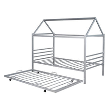 Load image into Gallery viewer, iRerts Twin Size Metal House Shape Bed Frame with Trundle, Modern Twin Platform Bed Frame with Metal Slats, Twin Bed Frame No Box Spring Needed, Twin Size Bed Frame for Kids Bedroom, Silver