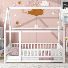 Load image into Gallery viewer, iRerts Full Bed Frame Floor Bed, Wooden Kids Full Bed Frame with House Roof Frame, Floor Full Bed Frame for Toddlers Girls Boys Bedroom, House Floor Bed Frame with Fence Guardrails, White