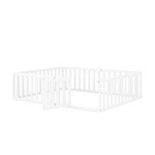 Load image into Gallery viewer, iRerts Queen Floor Bed Frame for Kids Toddlers, Wood Montessori Low Floor Queen Size Bed Frame with Fence Guardrail and Door, kids Queen Bed for Boys Girls, Spring Needed, White