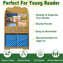 Load image into Gallery viewer, iRerts Kids Bookshelf, Wood 4 Tier Kids Toddler Bookcase with 3 Shelves Book Organizer, 2 Moveable Storage Boxes, Kids Book Shelf Organizer Book Rack Sling Book Display Stand for Kids Bedroom, Brown