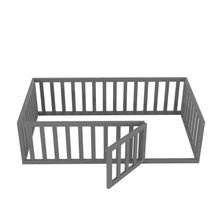 Load image into Gallery viewer, iRerts Twin Floor Bed Frame for Kids Toddlers, Wood Montessori Low Floor Twin Size Bed Frame with Fence Guardrail and Door, kids Twin Bed for Boys Girls, Spring Needed, Gray