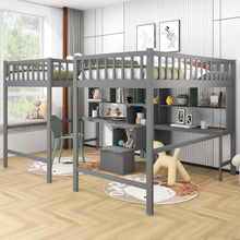 Load image into Gallery viewer, iRerts Twin & Twin Loft Bed with Desk, Wood Kids Loft Bed Twin Size with Shelves and Storage Staircase, Modern Twin Loft Bed Frame for Boys Girls Teens Adults, Versatile Loft Bed for Bedroom, Gray