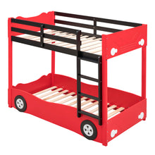Load image into Gallery viewer, iRerts Wood Twin over Twin Bunk Bed, Car-Shaped Bunk Beds for Kids Boys Girls, Kids Bunk Beds Twin over Twin with Wheels, Full-Length Guardrail, Ladder, No Box Spring Needed, Red