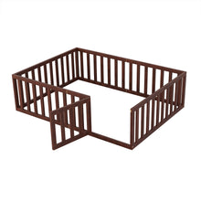 Load image into Gallery viewer, iRerts Full Floor Bed Frame for Kids Toddlers, Wood Montessori Low Floor Full Size Bed Frame with Fence Guardrail and Door, kids Full Bed for Boys Girls, Spring Needed, Walnut