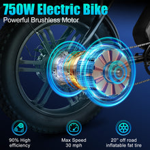 Load image into Gallery viewer, iRerts Adult Electric Bike, E-Bike for Adults with 750W Motor, 48V 15AH Battery, 20" Fat Tire, 30MPH and 68 Miles Long Range, Adult Electric Bicycles for Women Men School City Commuter, Black