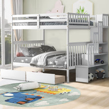 Load image into Gallery viewer, iRerts Full Over Full Bunk Bed, Wood Bunk Beds Full over Full with 2 Drawers and Staircases, Convertible into 2 Beds, Bunk Beds for Kids Teens Adults, Bunk Bed for Bedroom, No Box Spring Needed, White