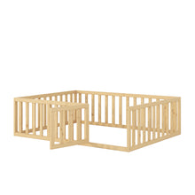 Load image into Gallery viewer, iRerts Full Floor Bed Frame for Kids Toddlers, Wood Montessori Low Floor Full Size Bed Frame with Fence Guardrail and Door, kids Full Bed for Boys Girls, Spring Needed, Natural