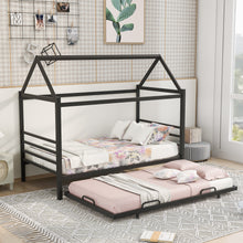 Load image into Gallery viewer, iRerts Twin Size Metal House Shape Bed Frame with Trundle, Modern Twin Platform Bed Frame with Metal Slats, Twin Bed Frame No Box Spring Needed, Twin Size Bed Frame for Kids Bedroom, Black