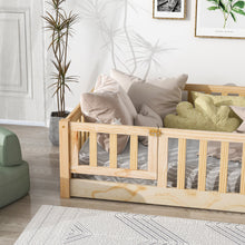 Load image into Gallery viewer, iRerts Twin Floor Bed Frame for Kids Toddlers, Wood Low Floor Twin Size Bed Frame with Fence Guardrail and Door, kids Twin Bed for Boys Girls, No Box Spring Needed, Natural