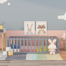 Load image into Gallery viewer, iRerts Twin Floor Bed Frame for Kids Toddlers, Wood Montessori Low Floor Twin Size Bed Frame with Fence Guardrail and Door, kids Twin Bed for Boys Girls, Spring Needed, Gray