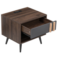 Load image into Gallery viewer, iRerts Nightstand with Charging Station, Modern End Side Table with Drawer, Black Handle and USB Charging Ports, Wood Night Stands Bedside Table for Bedroom Living Room, Walnut