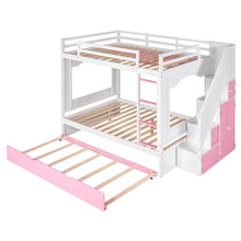 Load image into Gallery viewer, iRerts Full Over Full Bunk Bed with Trundle, Solid Wood Bunk Beds Full over Full with Storage Cabinet, Stairs and Ladders, Full Bunk Beds for Kids Teens Bedroom, White/Pink