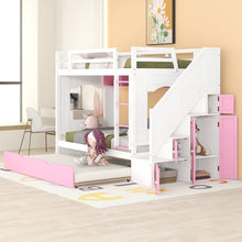 Load image into Gallery viewer, iRerts Twin Over Twin Bunk Bed with Trundle, Solid Wood Bunk Beds Twin over Twin with Storage Cabinet, Stairs and Ladders, Twin Bunk Beds for Kids Teens Bedroom, White/Pink
