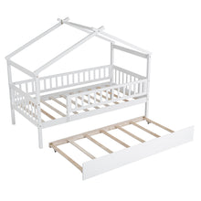 Load image into Gallery viewer, Twin Bed Frame with Twin Size Trundle, iRerts Wood Twin House Bed with Roof, Modern Twin Platform Bed Frame No Box Spring Needed, Twin Size Bed Frame for Kids Boys Girls Bedroom, White