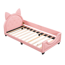 Load image into Gallery viewer, iRerts Twin Bed Frame, Cute Twin Size Upholstered Daybed with Cartoon Ears Headboard, Wood Daybed Platform Bed Frame for Kids Teens, Twin Platform Bed for Bedroom, No Box Spring Needed, Pink
