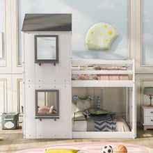 Load image into Gallery viewer, iRerts Low Bunk Beds for for Kids Teens Girls Boys, Wood Twin Over Twin Bunk Bed with Roof Window Guardrail Ladde, Floor Bunk Beds Twin Over Twin No Box Spring Needed for Bedroom, White