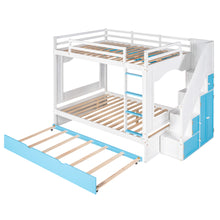 Load image into Gallery viewer, iRerts Wood Bunk Bed Full over Full, Modern Full Over Full Bunk Bed with Trundle, Storage Cabinet, Stairs and Ladders, Full Bunk Beds for Kids Teens Adults Bedroom, White/Blue