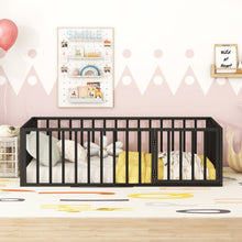 Load image into Gallery viewer, iRerts Twin Floor Bed Frame, Metal Twin Size Montessori Floor Bed Frame with Fence and Door, Kids Toddler Floor Bed Frame Twin Size for Girls Boys, Twin Bed Frame without Bed Slats, Black