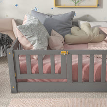 Load image into Gallery viewer, iRerts Twin size Floor Platform Bed, Wood Twin Floor Bed Frame for Kids Toddlers, Low Floor Twin Size Bed Frame with Fence Guardrail and Door, kids Twin Bed for Boys Girls, No Box Spring Needed, Gray