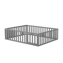 Load image into Gallery viewer, iRerts Queen Floor Bed Frame for Kids Toddlers, Wood Montessori Low Floor Queen Size Bed Frame with Fence Guardrail and Door, kids Queen Bed for Boys Girls, Spring Needed, Gray