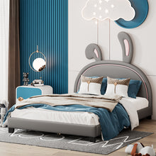 Load image into Gallery viewer, iRerts Full Size Upholstered Platform Bed, Cute Full Bed Frame for Kids Teens Bedroom, Full Platform Bed Frame with Rabbit Ears Headboard, Kids Full Bed Frame No Box Spring Needed, Gray