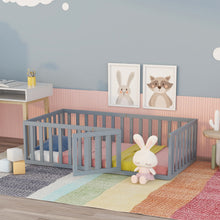Load image into Gallery viewer, iRerts Twin Floor Bed Frame for Kids Toddlers, Wood Montessori Low Floor Twin Size Bed Frame with Fence Guardrail and Door, kids Twin Bed for Boys Girls, Spring Needed, Gray