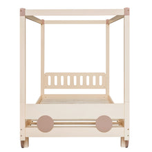 Load image into Gallery viewer, iRerts Wood Twin Size Canopy Bed, Car-Shaped Twin Platform Bed Frame for Kids Toddlers Boys Girls, Cute Kids Twin Bed Frame with Slats Support for Kids Bedroom, No Box Spring Needed, Natural