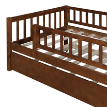 Load image into Gallery viewer, iRerts Daybed with Trundle Included, Wood Twin Daybed Frame for Kids Teens Adults, Twin Size Daybed Frame with Fence Guardrails, Twin Size Platform Bed Frame for Bedroom, No Box Spring Needed, Walnut