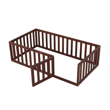 Load image into Gallery viewer, iRerts Twin Floor Bed Frame for Kids Toddlers, Wood Montessori Low Floor Twin Size Bed Frame with Fence Guardrail and Door, kids Twin Bed for Boys Girls, Spring Needed, Walnut