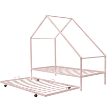 Load image into Gallery viewer, iRerts Twin Size House Platform Bed Frame with Trundle, Twin Metal Bed Frame for Kids Boys Girls, House Platform Bed frame Twin with Metal Slats, Kids Twin Bed Frame No Box Spring Needed, Pink