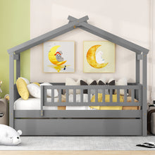 Load image into Gallery viewer, Twin Bed Frame with Twin Size Trundle, iRerts Wood Twin House Bed with Roof, Modern Twin Platform Bed Frame No Box Spring Needed, Twin Size Bed Frame for Kids Boys Girls Bedroom, Gray