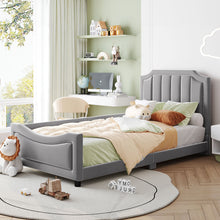 Load image into Gallery viewer, iRerts Upholstered Twin Platform Bed Frame, Velvet Twin Daybed Frame with Classic Stripe Shaped Headboard and Footboard, Wood Twin Size Sofa Bed for Kids Girls Boys, No Box Spring Needed, Gray