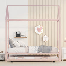 Load image into Gallery viewer, iRerts Twin House Bed Frame with Trundle, Metal Kids House Bed for Boys Girls Teens, Twin Size Platform Bed Frame with Roof, Metal Slats, No Box Spring Needed, Twin Bed Frame for Kids Bedroom, Pink