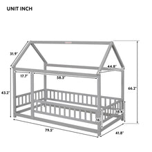 Load image into Gallery viewer, iRerts Floor Twin Bed Frame, Wooden Twin Size Bed Frame for Girls Boys, Twin Bed Frame with House Roof Frame and Fence Guardrails, Toddler House Twin Bed Frame for Kids Bedroom Living Room, Gray