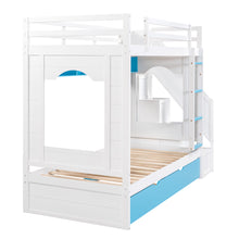 Load image into Gallery viewer, iRerts Wood Bunk Bed Twin over Twin , Modern Twin Over Twin Bunk Bed with Trundle, Storage Cabinet, Stairs and Ladders, Twin Bunk Beds for Kids Teens Adults Bedroom, White/Blue