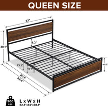 Load image into Gallery viewer, iRerts Queen Platform Bed Frame with Headboard, Industrial Metal Queen Bed Frame with Slat Support, Modern Bed Frame Queen Size for Adults Teens Kids Bedroom, No Box Spring Needed, Brown
