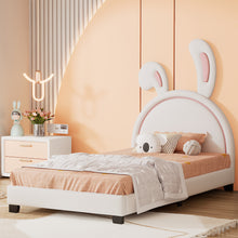 Load image into Gallery viewer, iRerts Twin Size Upholstered Platform Bed, Cute Twin Bed Frame for Kids Teens Bedroom, Twin Platform Bed Frame with Rabbit Ears Headboard, Kids Twin Bed Frame No Box Spring Needed, White