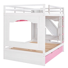 Load image into Gallery viewer, iRerts Wood Bunk Bed Full over Full, Modern Full Over Full Bunk Bed with Trundle, Storage Cabinet, Stairs and Ladders, Full Bunk Beds for Kids Teens Adults Bedroom, White/Pink