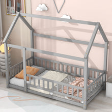 Load image into Gallery viewer, iRerts Twin Bed Frame Floor Bed, Wooden Kids Twin Bed Frame with House Roof Frame, Floor Twin Bed Frame for Toddlers Girls Boys Bedroom, House Floor Bed Frame with Fence Guardrails, Gray