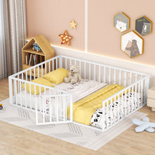 Load image into Gallery viewer, iRerts Queen Floor Bed Frame, Metal Queen Size Montessori Floor Bed Frame with Fence and Door, Kids Toddler Floor Bed Frame Queen Size for Girls Boys, Twin Bed Frame without Bed Slats, White