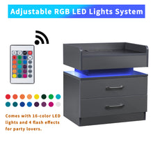 Load image into Gallery viewer, Modern Night Stand with LED Lights and Charging Station, Nightstand with Storage Drawers and Remote Control, With Adjustable 16-Color LED Lights