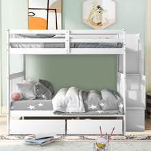 Load image into Gallery viewer, iRerts Full Over Full Bunk Bed, Wood Bunk Beds Full over Full with 2 Drawers and Staircases, Convertible into 2 Beds, Bunk Beds for Kids Teens Adults, Bunk Bed for Bedroom, No Box Spring Needed, White