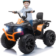 Load image into Gallery viewer, iRerts Black 12V Battery Powered Ride on ATV Cars for Boys Girls, Ride on Toys with Music, LED Light, USB, MP3, Power Display, Accelerator and Brake, Volume Adjustment