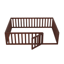 Load image into Gallery viewer, iRerts Queen Floor Bed Frame for Kids Toddlers, Wood Montessori Low Floor Queen Size Bed Frame with Fence Guardrail and Door, kids Queen Bed for Boys Girls, Spring Needed, Walnut