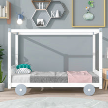 Load image into Gallery viewer, iRerts Wood Twin Size Canopy Bed, Car-Shaped Twin Platform Bed Frame for Kids Toddlers Boys Girls, Cute Kids Twin Bed Frame with Slats Support for Kids Bedroom, No Box Spring Needed, White