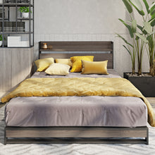 Load image into Gallery viewer, iRerts Queen Bed Frame with Socket, Industrial Metal Queen Platform Bed Frame with Storage Shelf Headboard, No Box Spring Needed, Queen Size Bed Frames for Bedroom, Mocha Wood